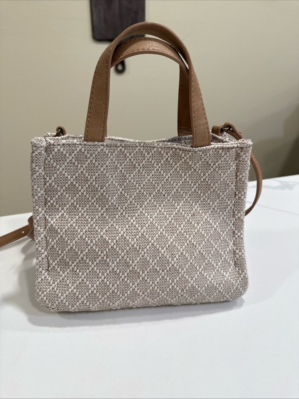 Woven Cream Tote Bag with Tan Handles